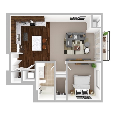 Floor plan for 1 bed, 1 bath, 734 sqft